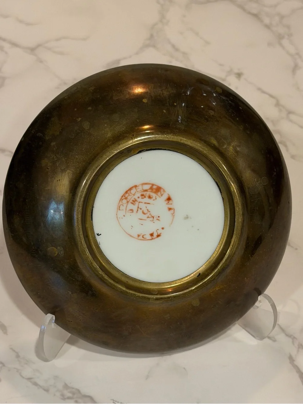 Vintage Japanese Porcelain Brass Mounted Bowl Bird & Floral Trinket Dish 6”